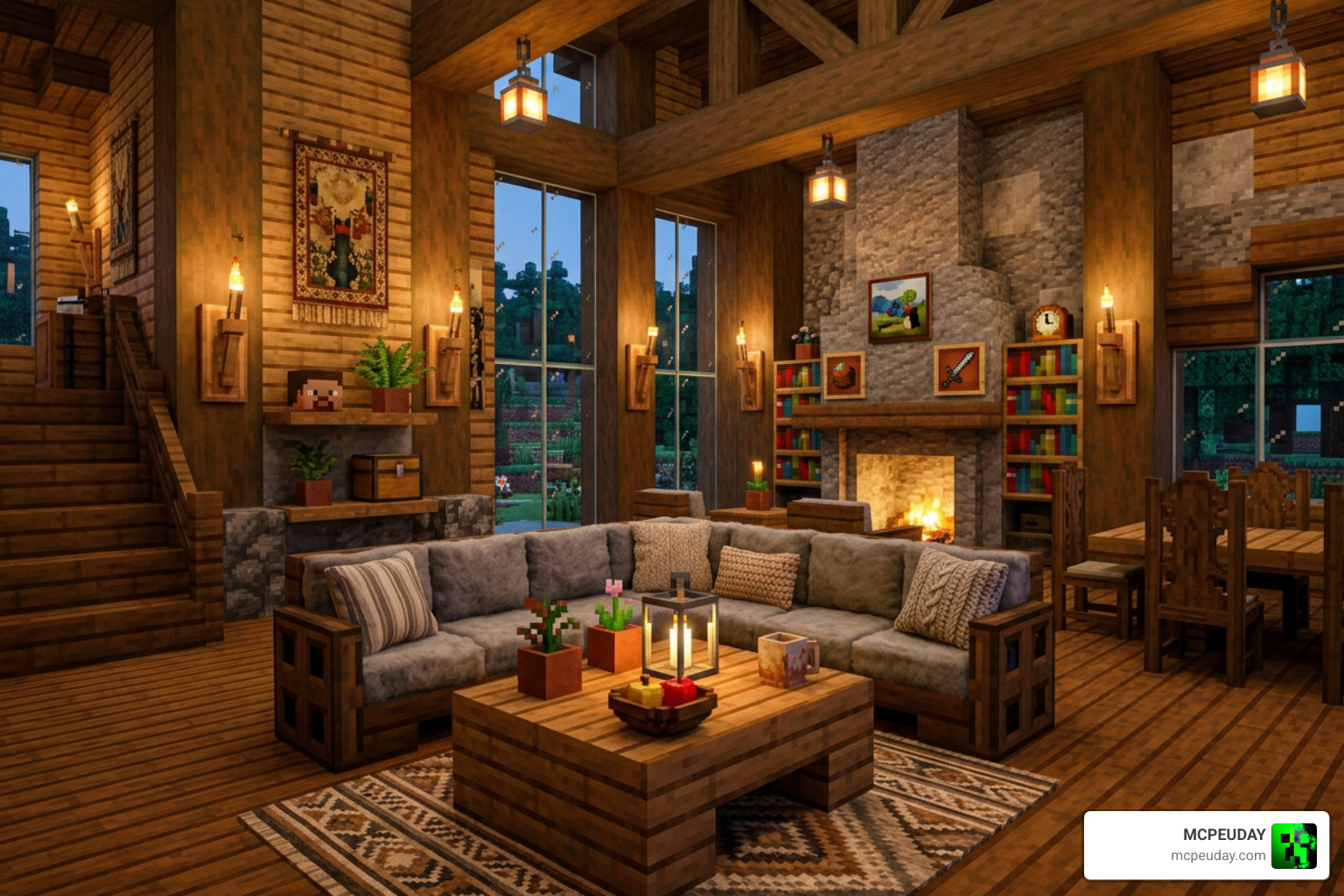 Beautifully decorated Minecraft mansion interior showing custom furniture