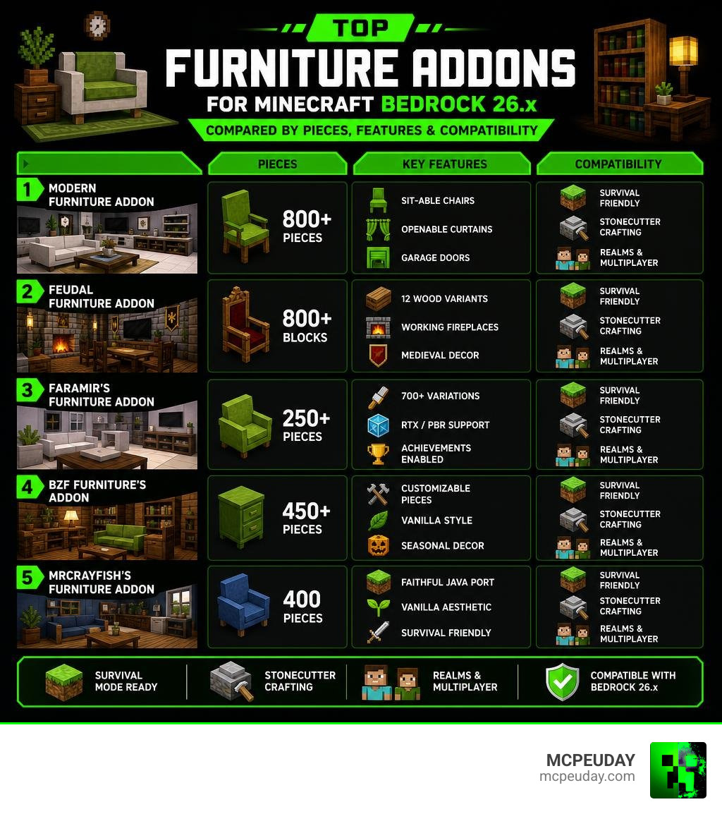 Top furniture addons for Minecraft Bedrock 26.x compared by pieces, features, and compatibility infographic