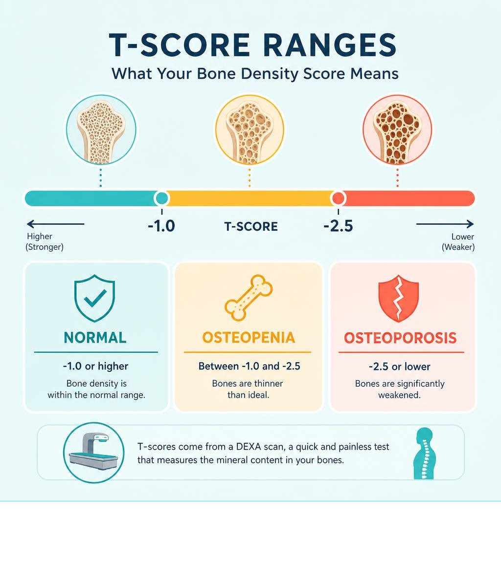 Clear T-score range infographic showing normal, osteopenia, and osteoporosis thresholds on a bone density scale infographic