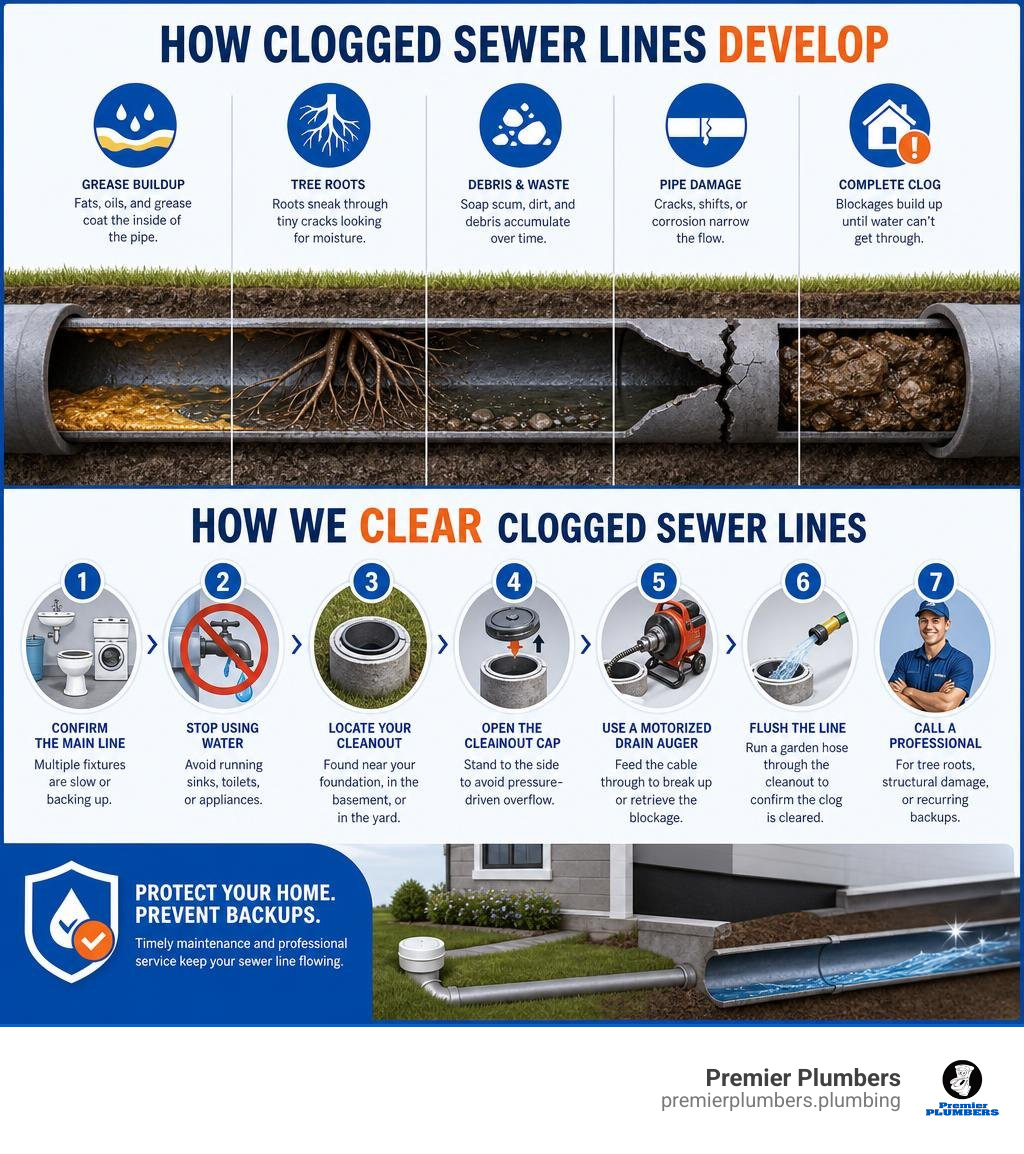 Detailed colorful infographic showing how clogged sewer lines develop and how Premier Plumbers clears them infographic Detailed colorful infographic showing how clogged sewer lines develop and how Premier Plumbers clears them infographic