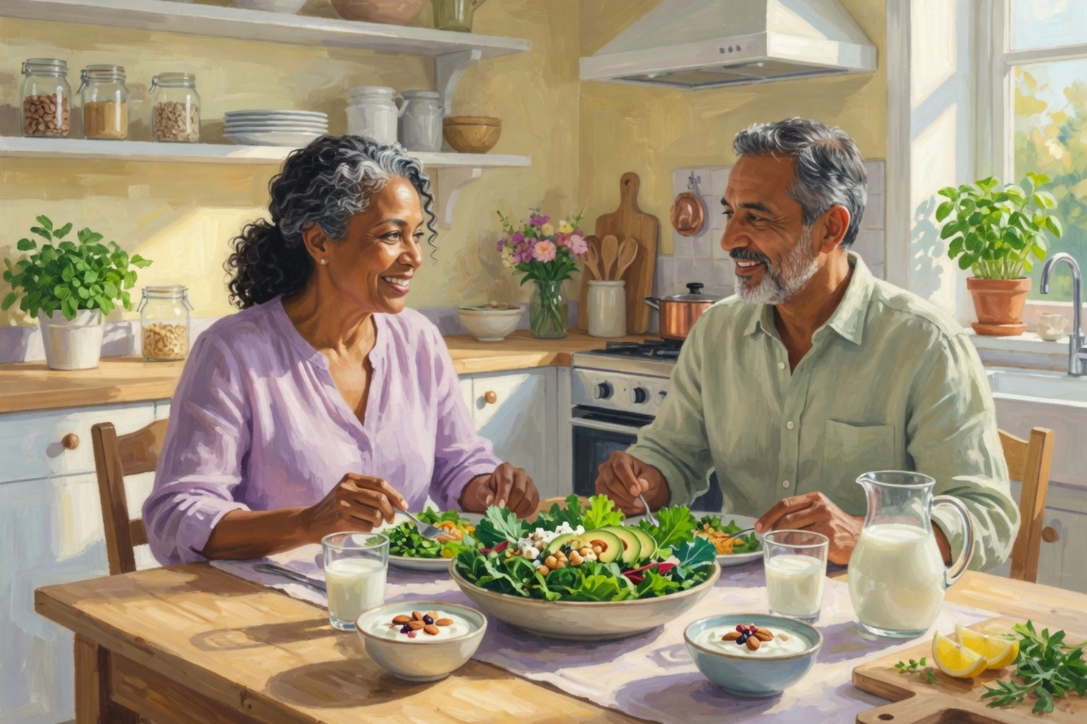 An older couple enjoying a balanced, calcium-rich meal with leafy greens and yogurt in a sunlit kitchen