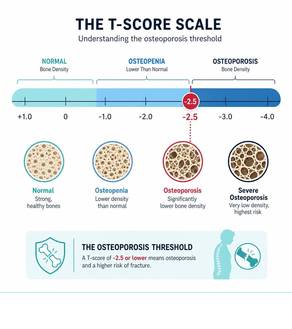 Groove-style infographic showing the T-score scale and osteoporosis threshold of -2.5 or lower infographic