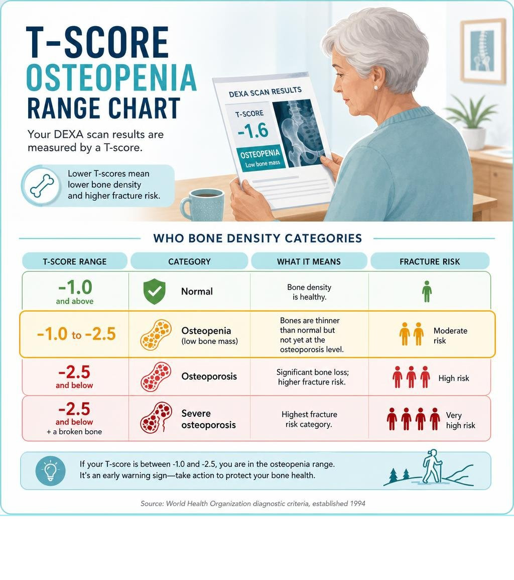 Older adult reviewing DEXA scan bone density results and T-score osteopenia range chart infographic Older adult reviewing DEXA scan bone density results and T-score osteopenia range chart infographic