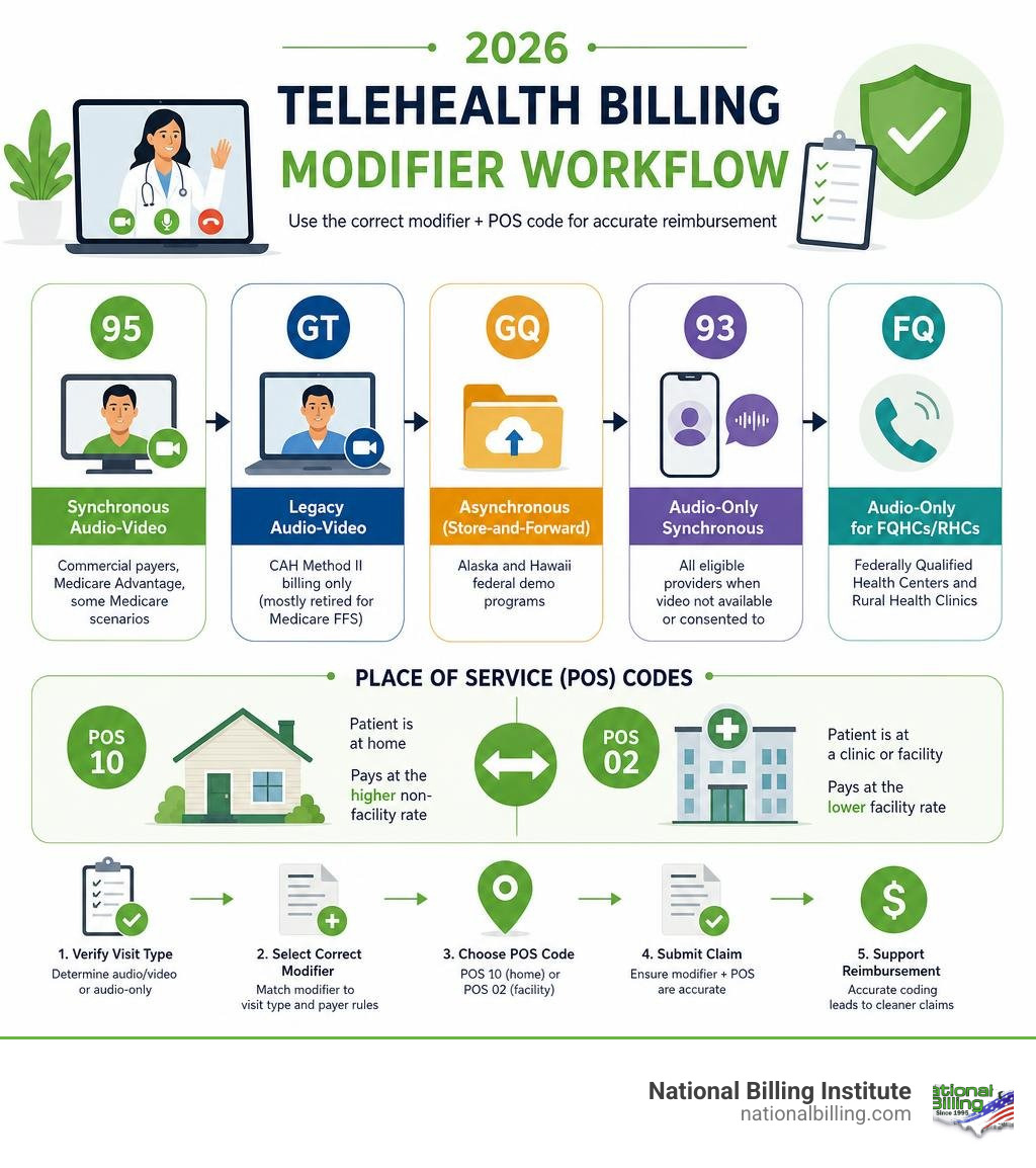 2026 telehealth billing modifier workflow infographic showing modifiers 95, GT, GQ, 93, FQ with POS codes infographic