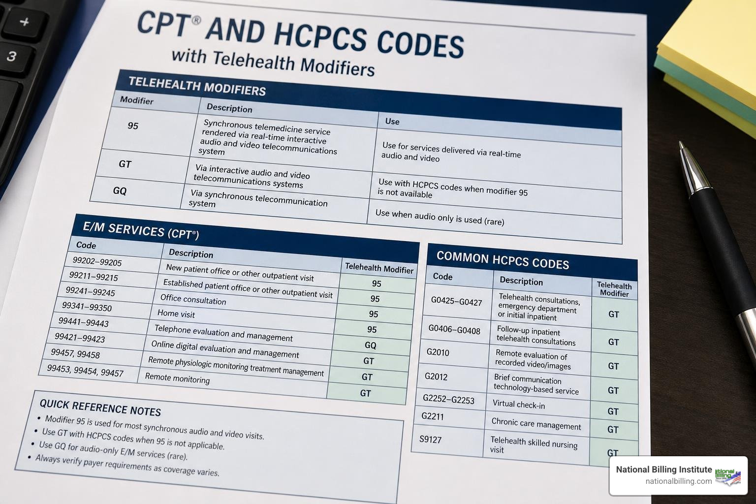 telehealth modifier coding sheet for CPT and HCPCS codes