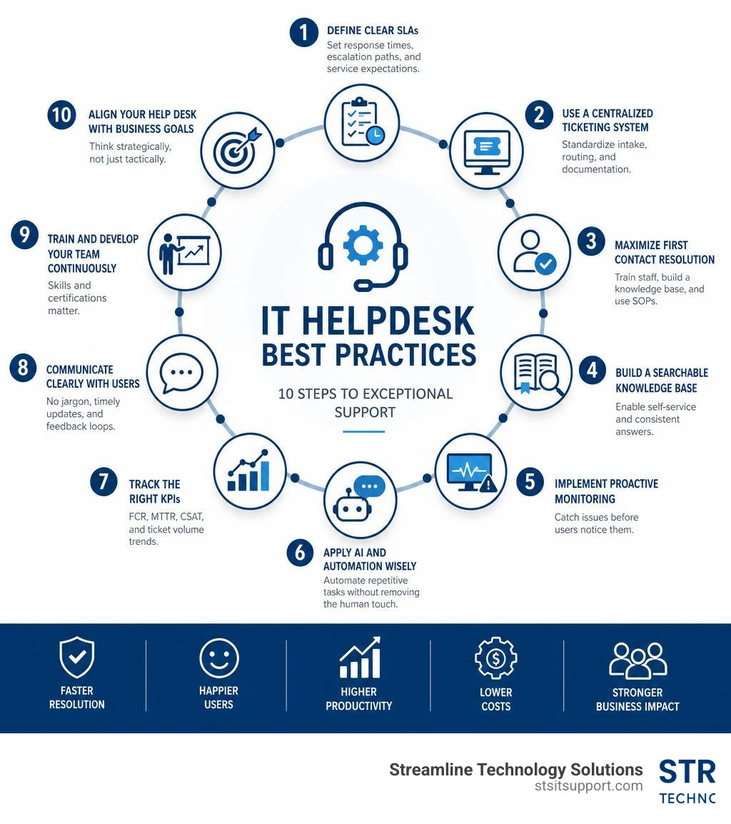 IT helpdesk best practices overview infographic showing 10 steps from SLAs to continuous improvement infographic IT helpdesk best practices overview infographic showing 10 steps from SLAs to continuous improvement infographic