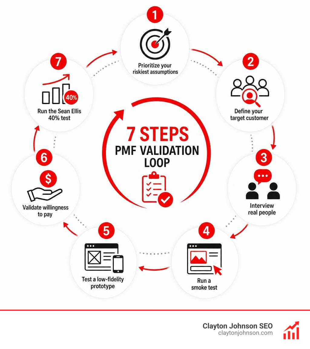 PMF validation loop infographic showing 7 steps from hypothesis to Sean Ellis test infographic PMF validation loop infographic showing 7 steps from hypothesis to Sean Ellis test infographic