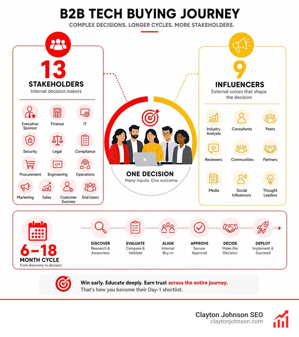 B2B tech buying committee with 13 stakeholders, 9 influencers, and 6-18 month cycle infographic infographic B2B tech buying committee with 13 stakeholders, 9 influencers, and 6-18 month cycle infographic infographic