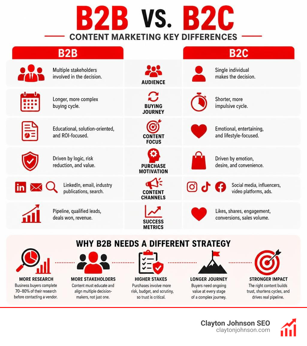 B2B vs B2C content marketing key differences and why B2B requires a different strategy infographic