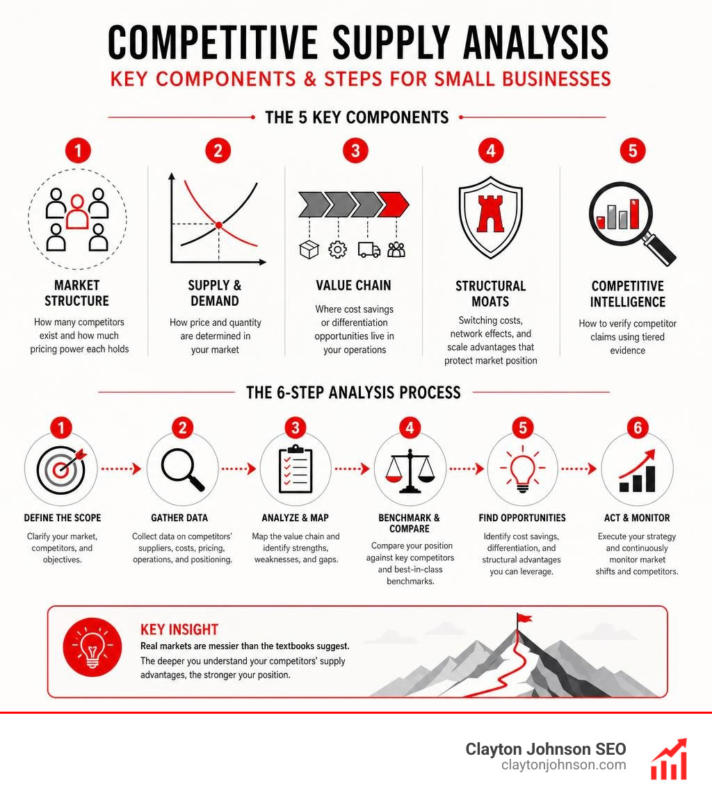 Key components and steps of competitive supply analysis for small businesses infographic