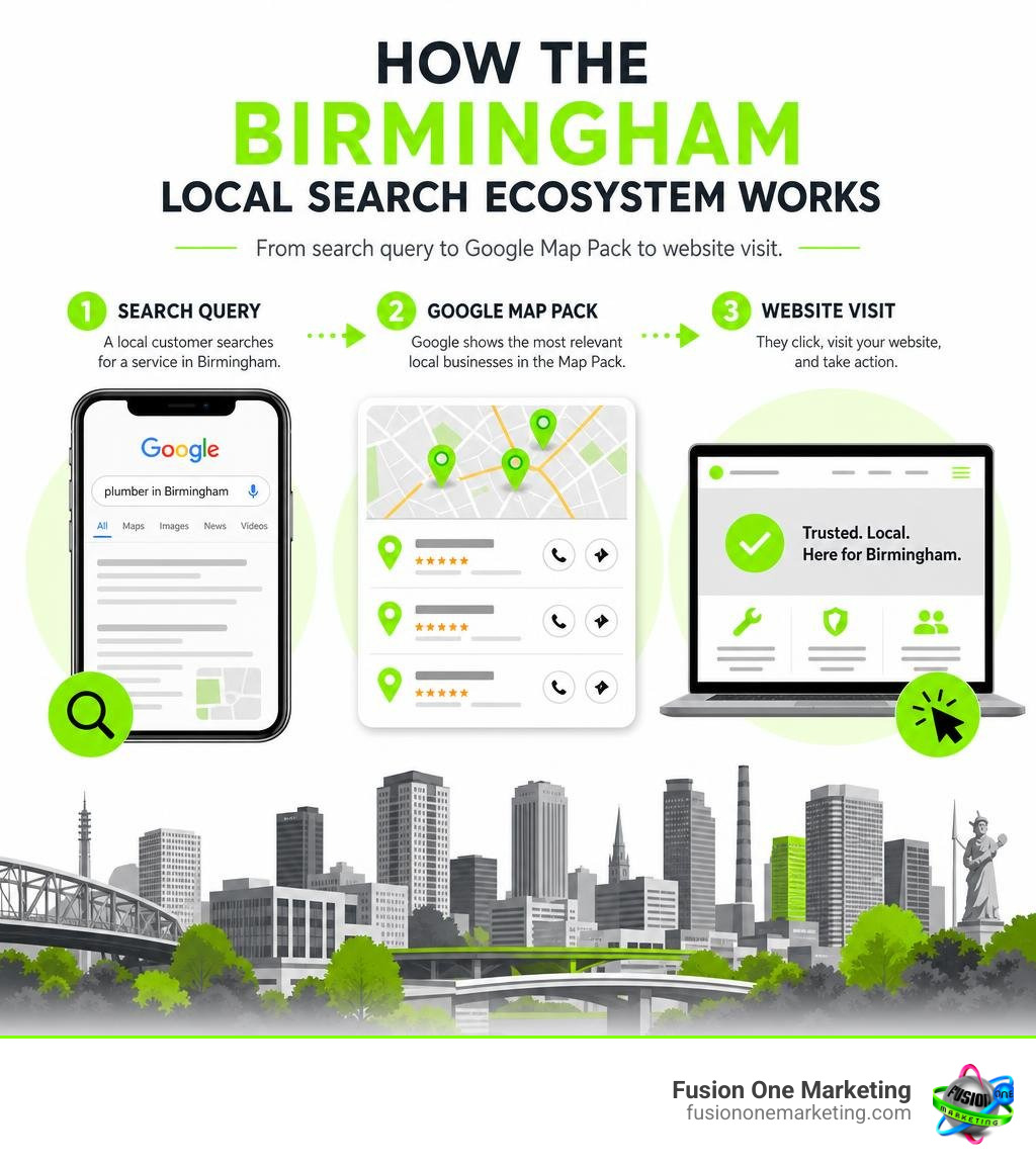 How the Birmingham local search ecosystem works — from search query to Google Map Pack to website visit infographic How the Birmingham local search ecosystem works — from search query to Google Map Pack to website visit infographic