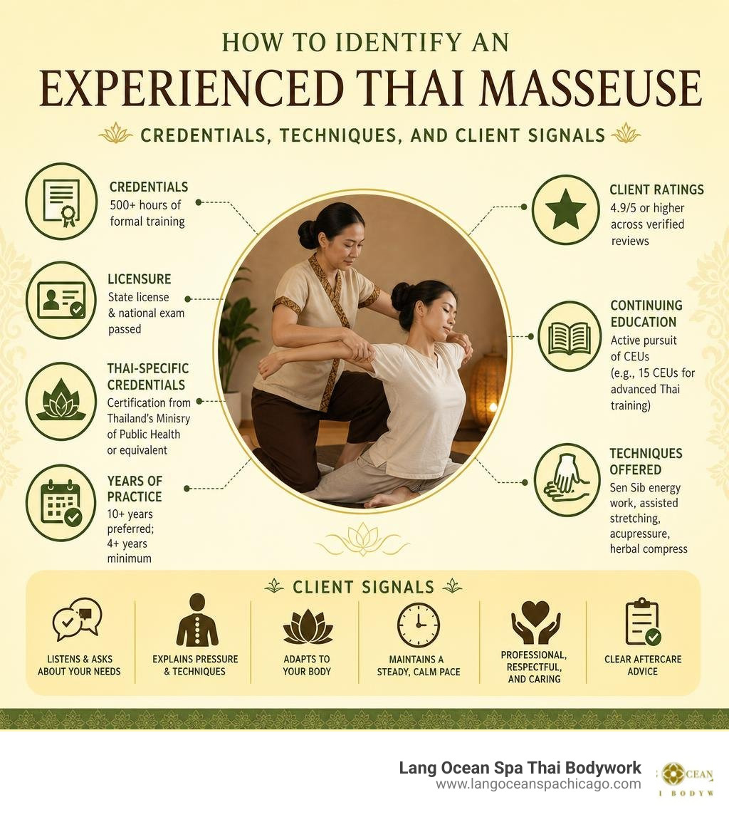 How to identify an experienced Thai masseuse: credentials, techniques, and client signals infographic How to identify an experienced Thai masseuse: credentials, techniques, and client signals infographic