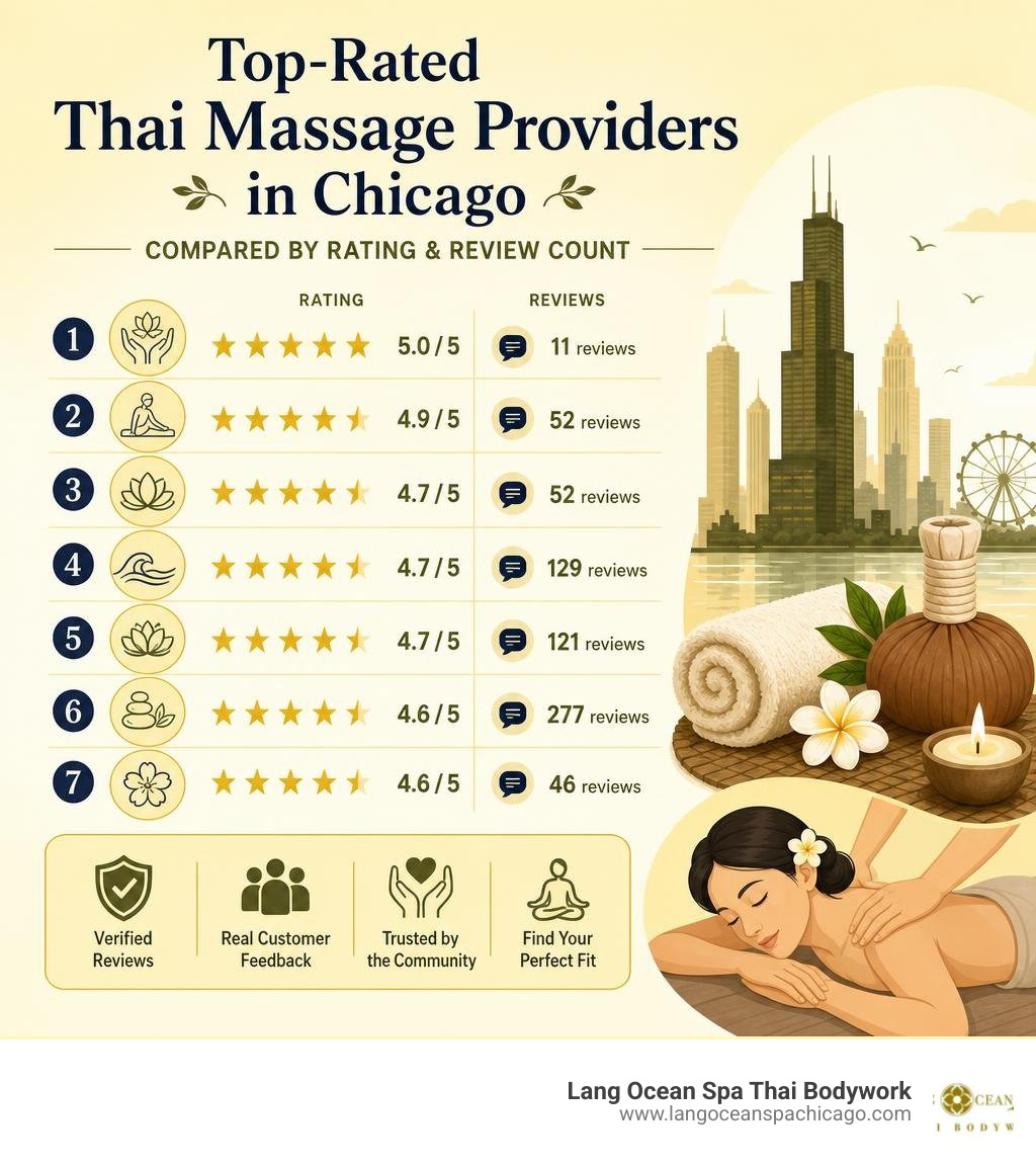 Top-rated Thai massage providers in Chicago compared by rating and review count infographic Top-rated Thai massage providers in Chicago compared by rating and review count infographic