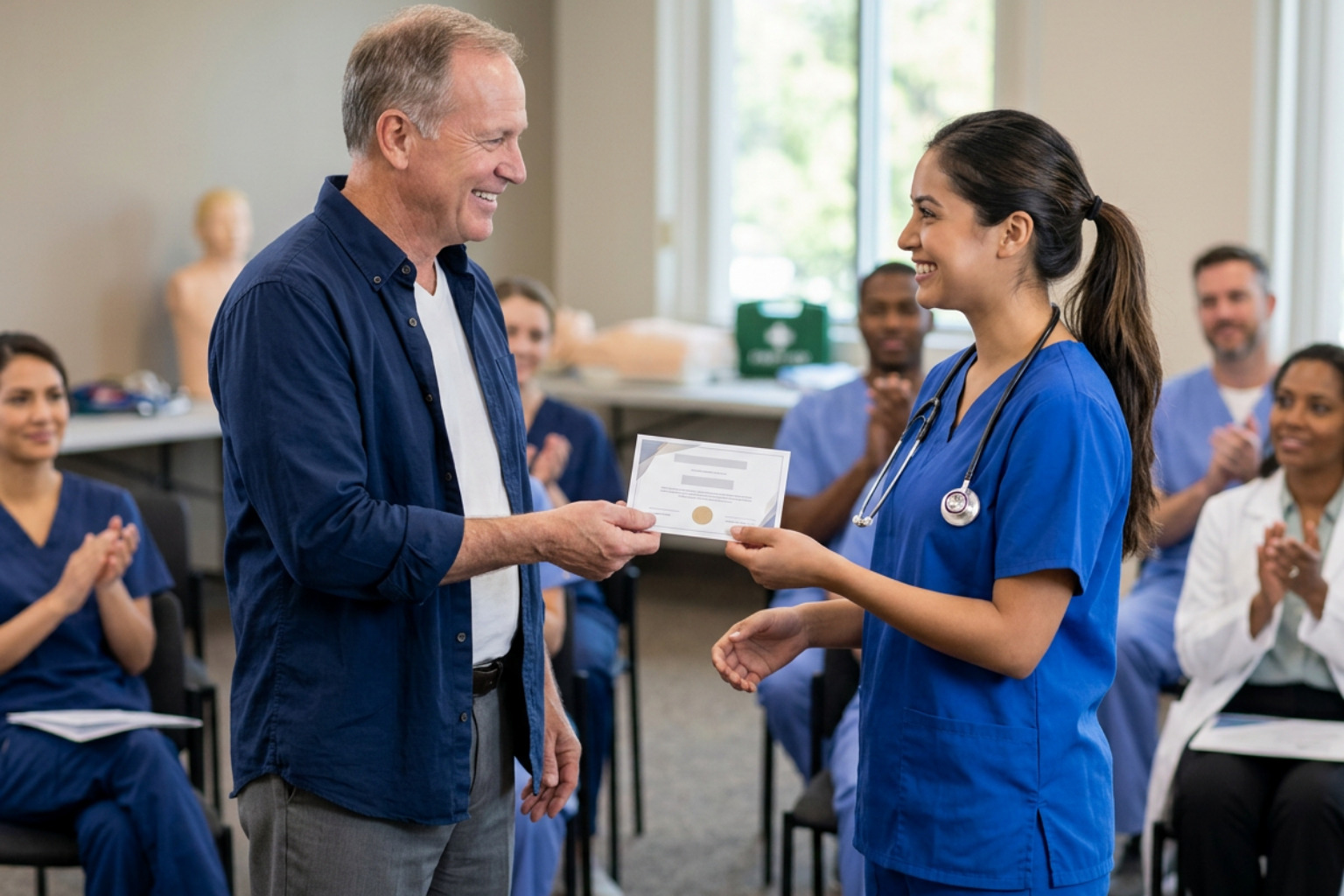 A medical professional receiving an official certification card from an instructor