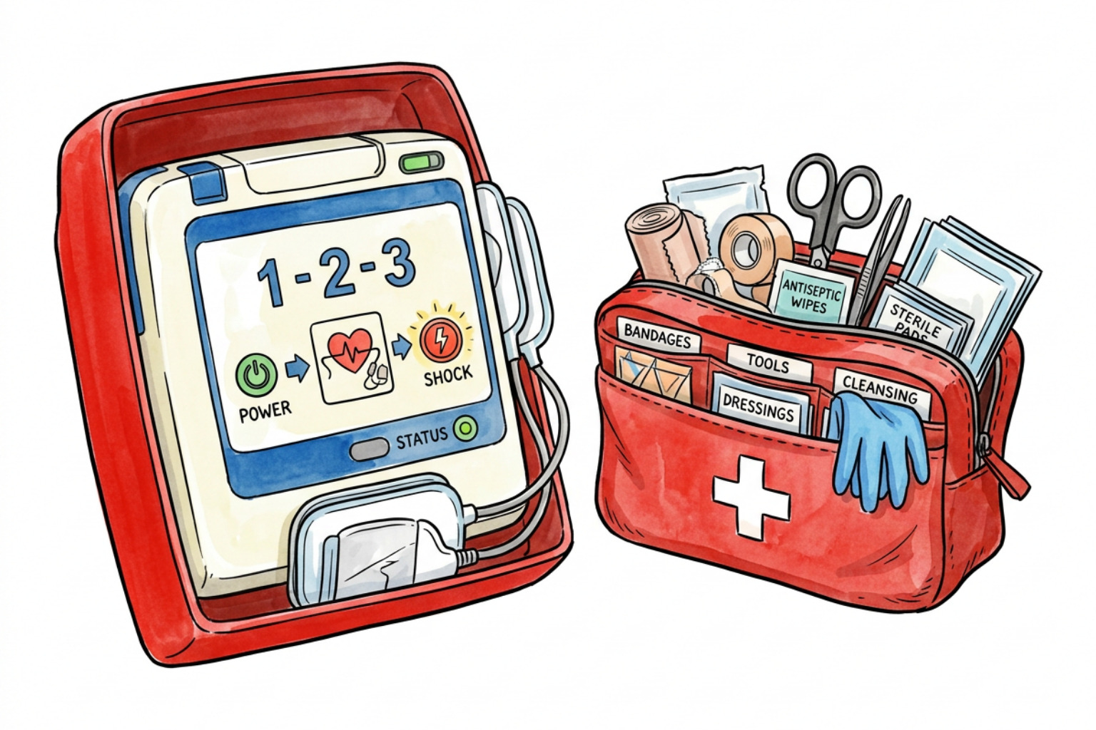 AED and first aid kit with emergency equipment hand-drawn illustration