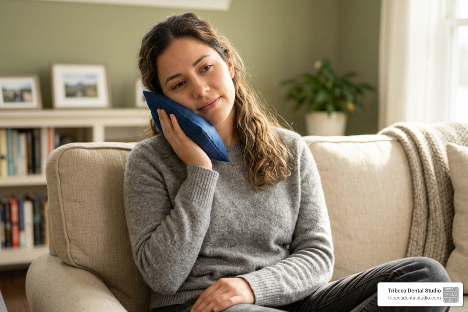 Person holding a warm compress to their jaw to manage post filling care discomfort