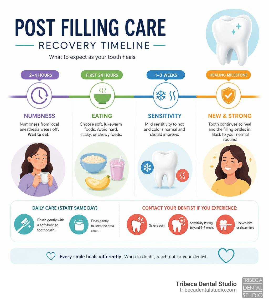 Post filling care recovery timeline infographic: numbness, eating, sensitivity, and healing milestones infographic