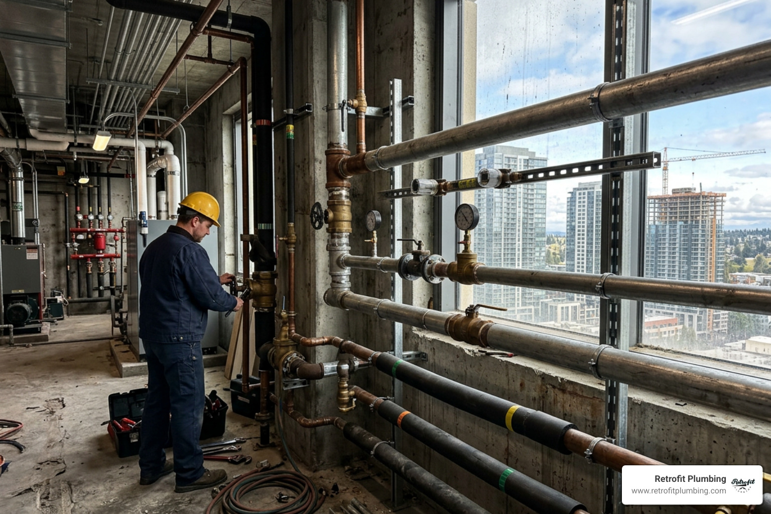 commercial plumbing pipes in a Bellevue high-rise commercial plumbing pipes in a Bellevue high-rise