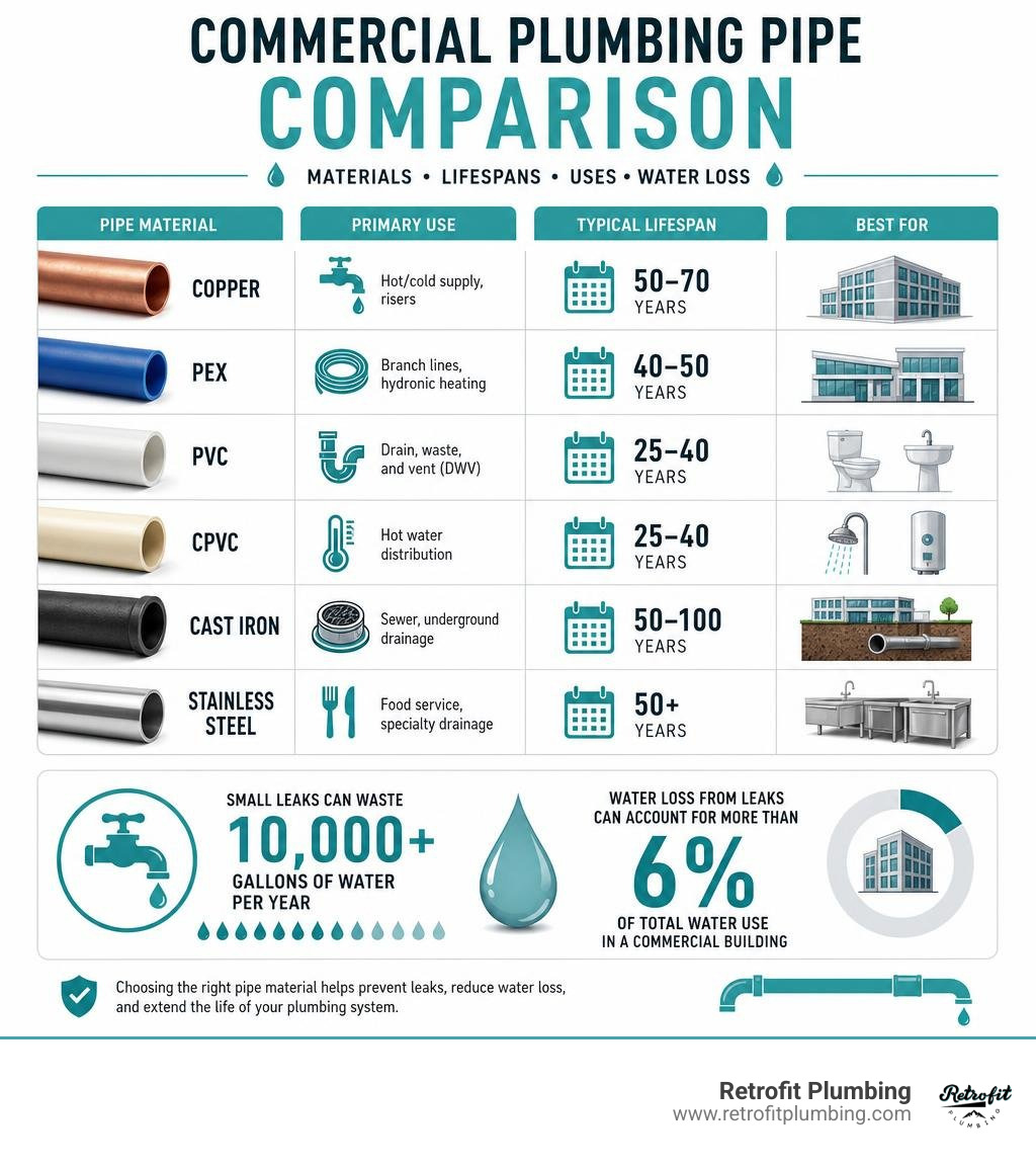 infographic comparing commercial plumbing pipe materials, lifespans, uses, and water loss statistics infographic infographic comparing commercial plumbing pipe materials, lifespans, uses, and water loss statistics infographic