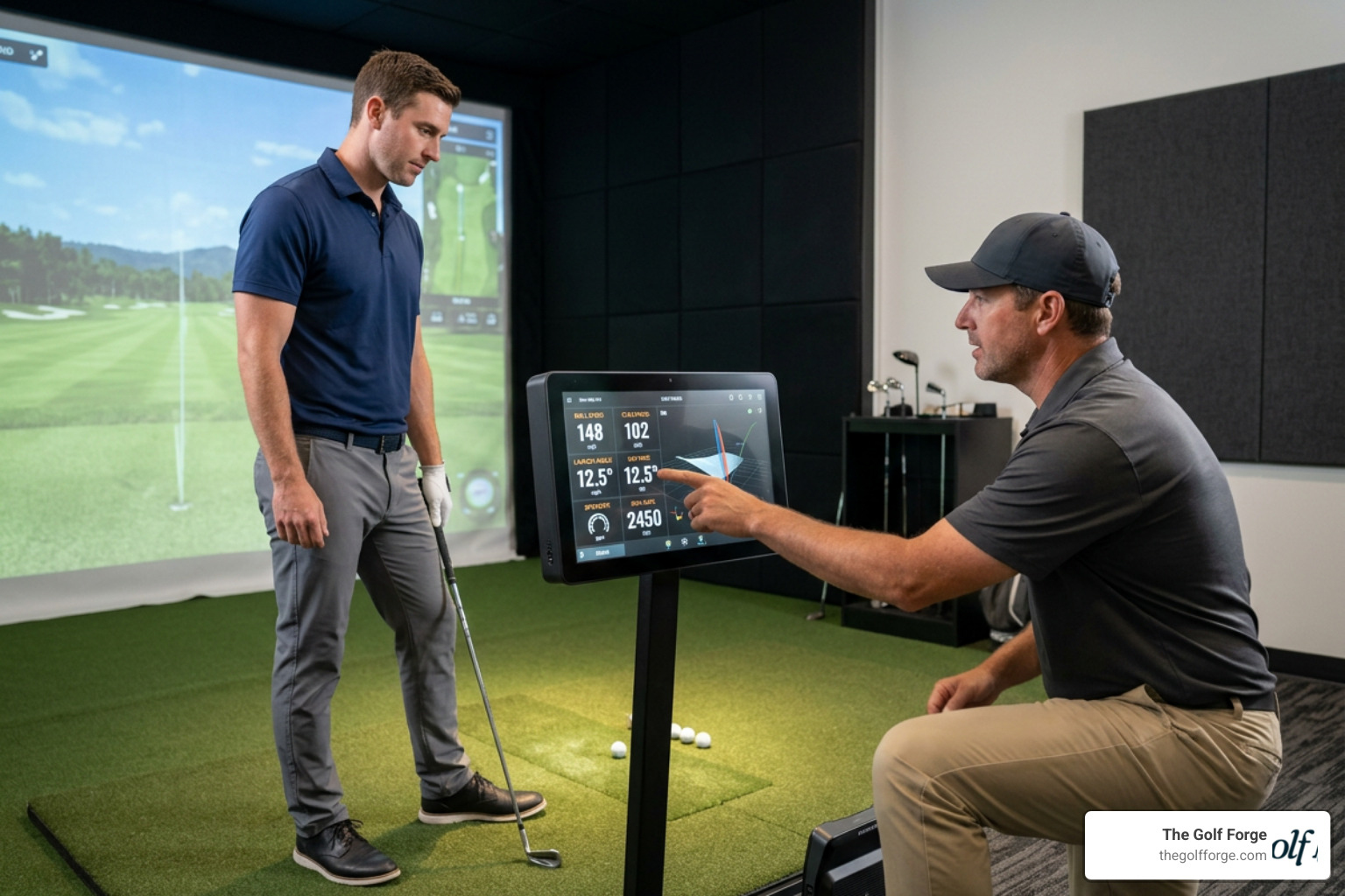 golf coach analyzing swing data in a private bay