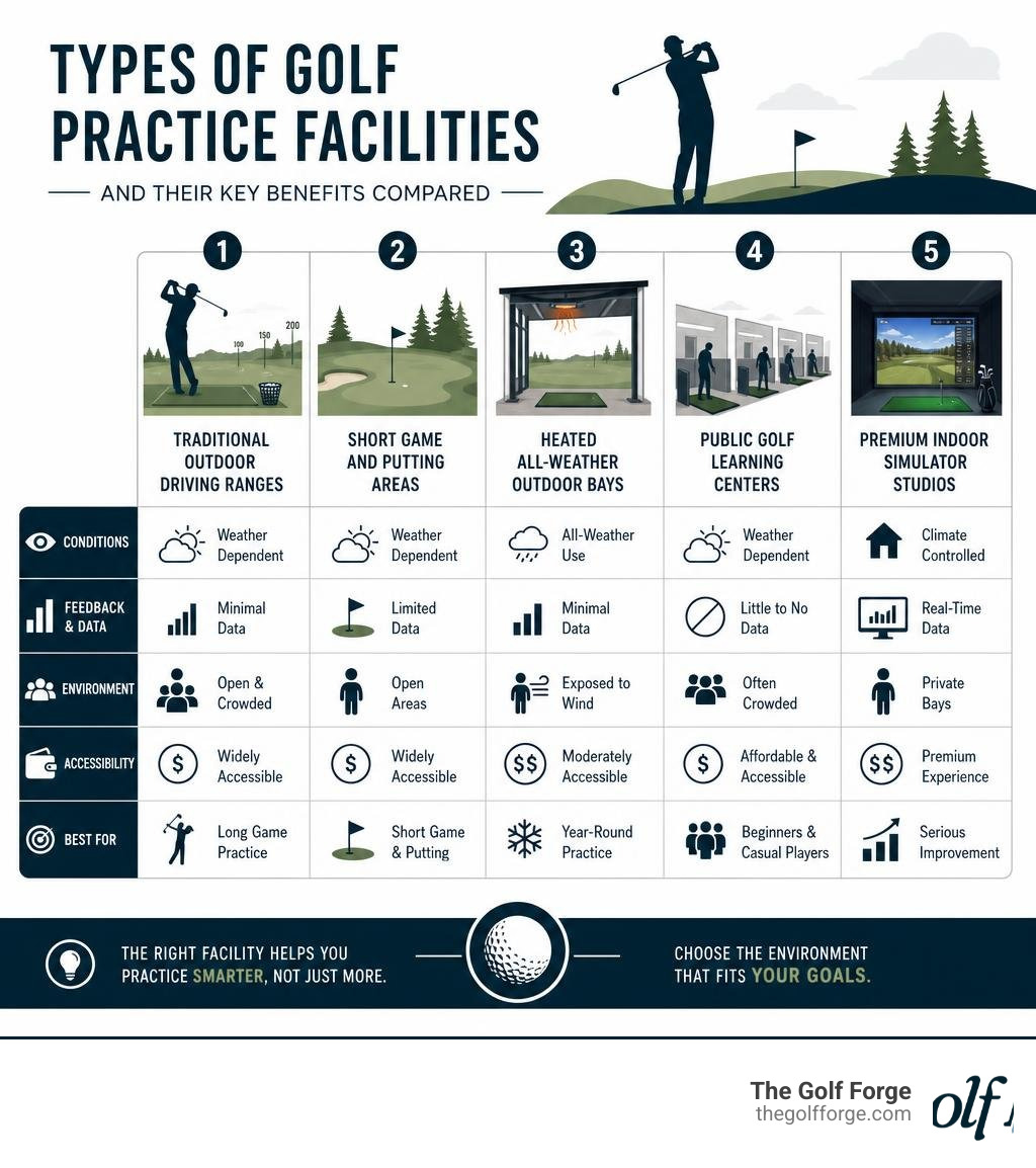 types of golf practice facilities and their key benefits compared infographic
