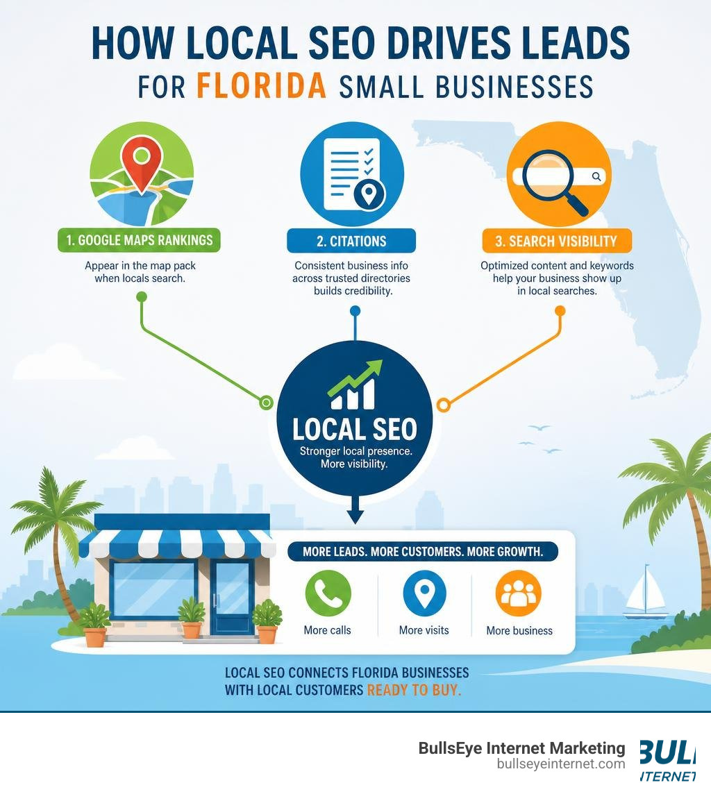 Local SEO infographic illustrating Google Maps rankings, citations, and search visibility driving leads for Florida