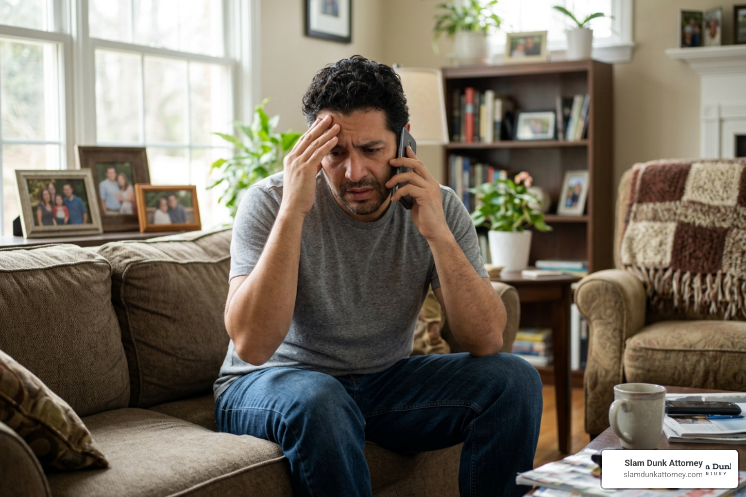 client in casual jeans and a t-shirt looking frustrated while on a phone call in their Duluth home