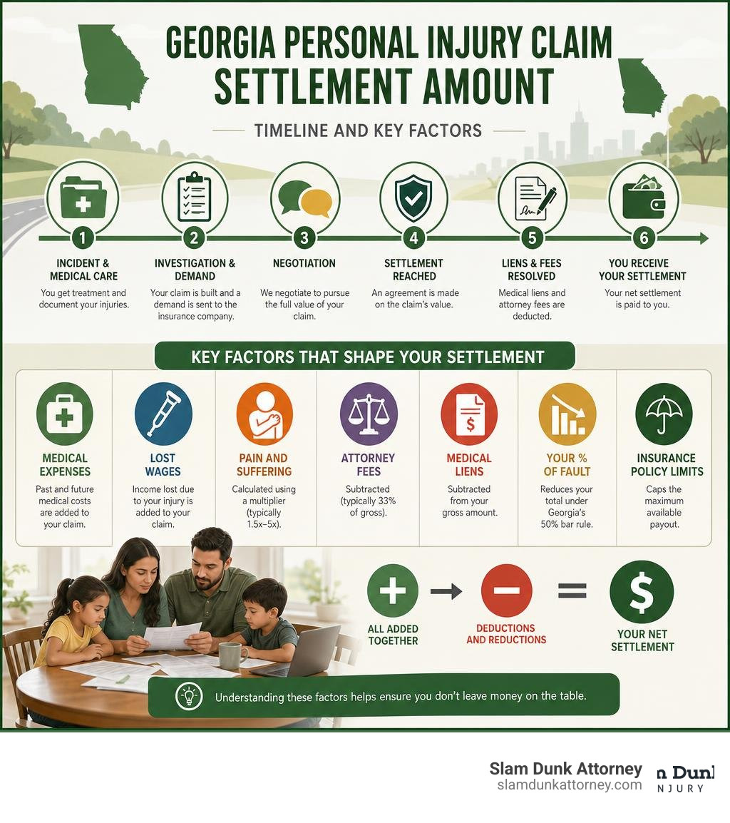 infographic showing timeline and key factors of a Georgia personal injury claim settlement amount infographic