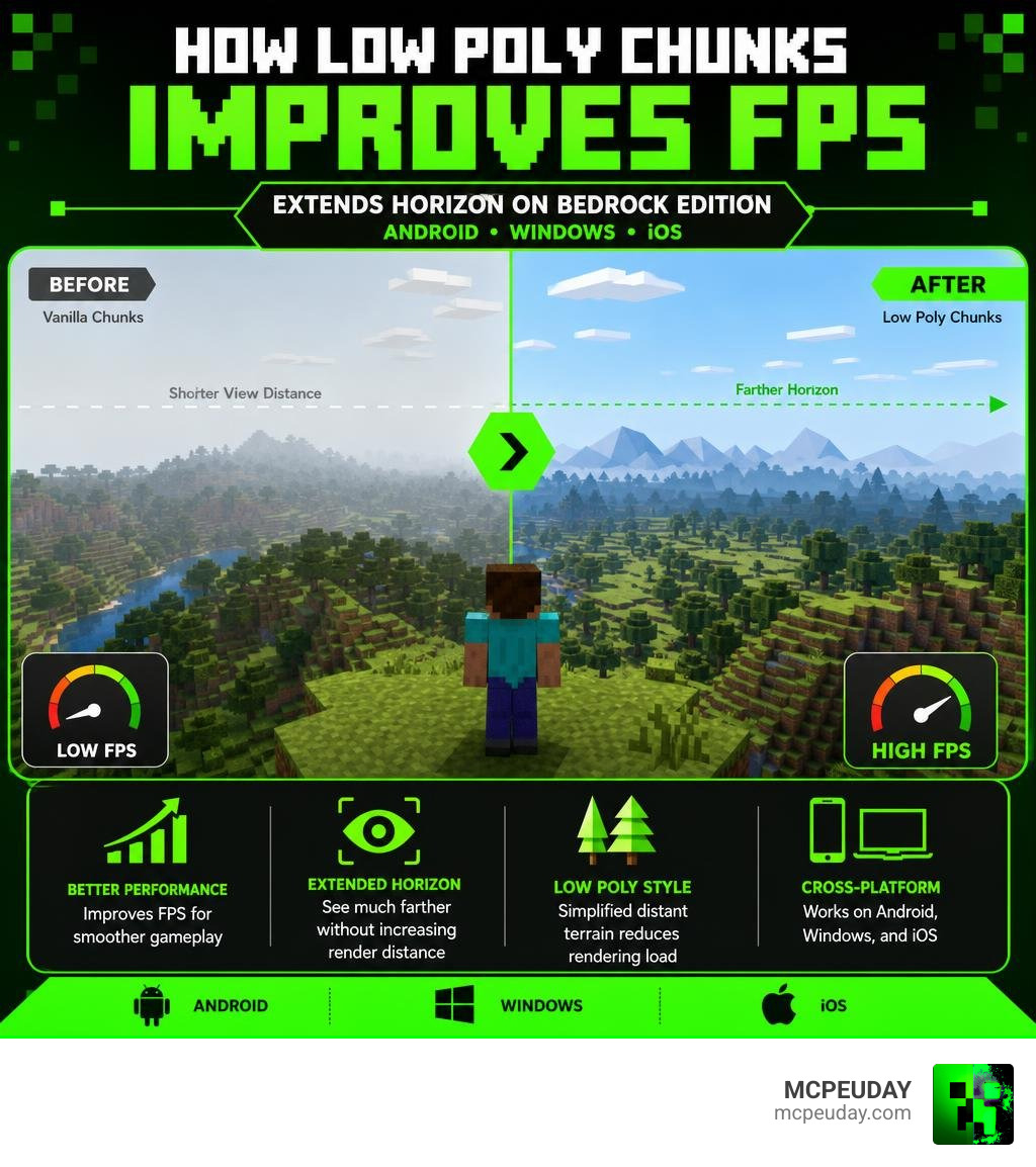 How Low Poly Chunks Addon improves FPS and extends horizon on Bedrock Edition Android Windows iOS infographic How Low Poly Chunks Addon improves FPS and extends horizon on Bedrock Edition Android Windows iOS infographic