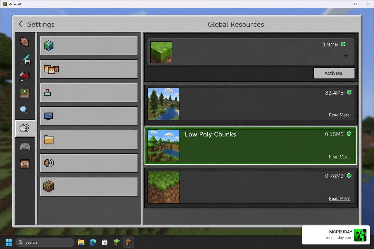 Minecraft Bedrock global resources settings screen showing Low Poly Chunks shader Minecraft Bedrock global resources settings screen showing Low Poly Chunks shader