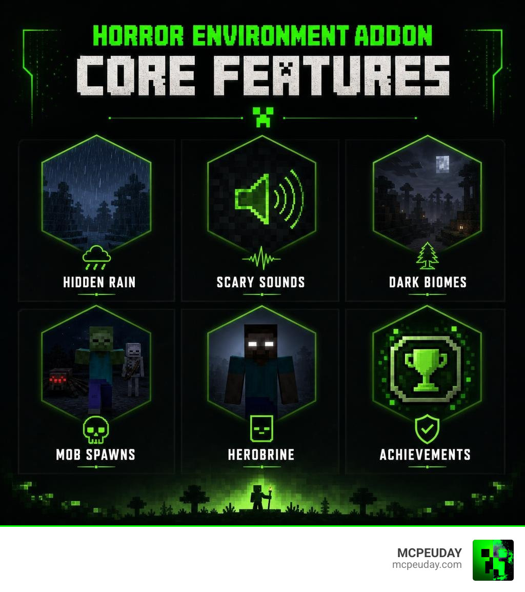 Horror Environment Addon core features infographic: hidden rain, scary sounds, dark biomes, mob spawns, Herobrine