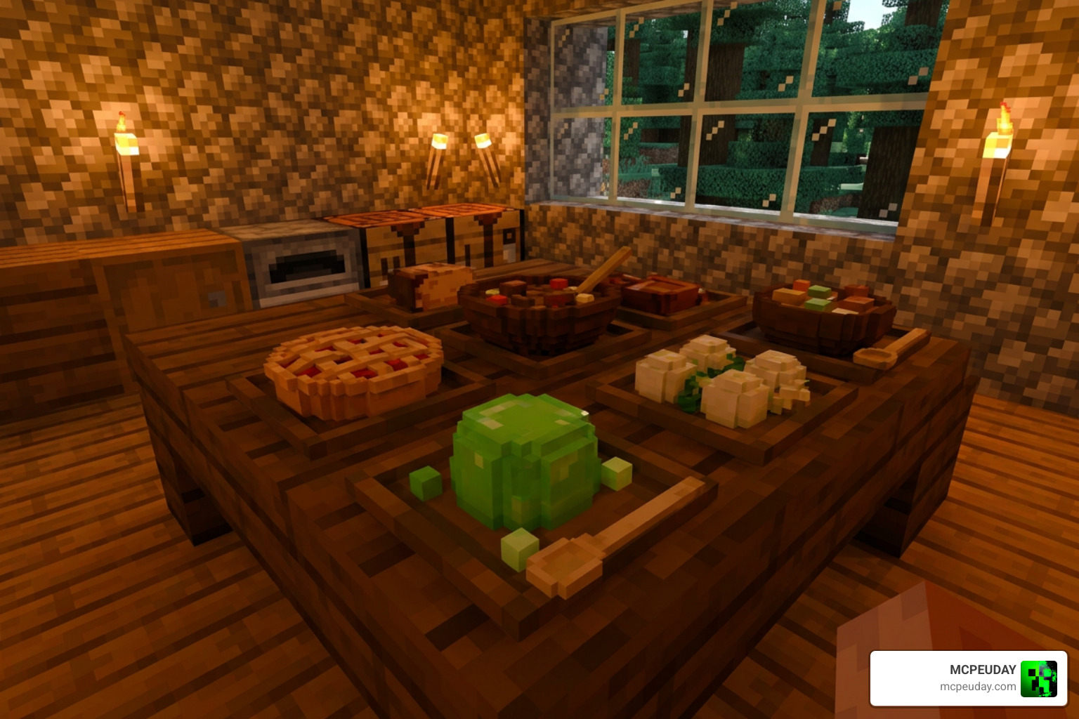 A spread of delicious newly crafted meals in Bedrock Edition