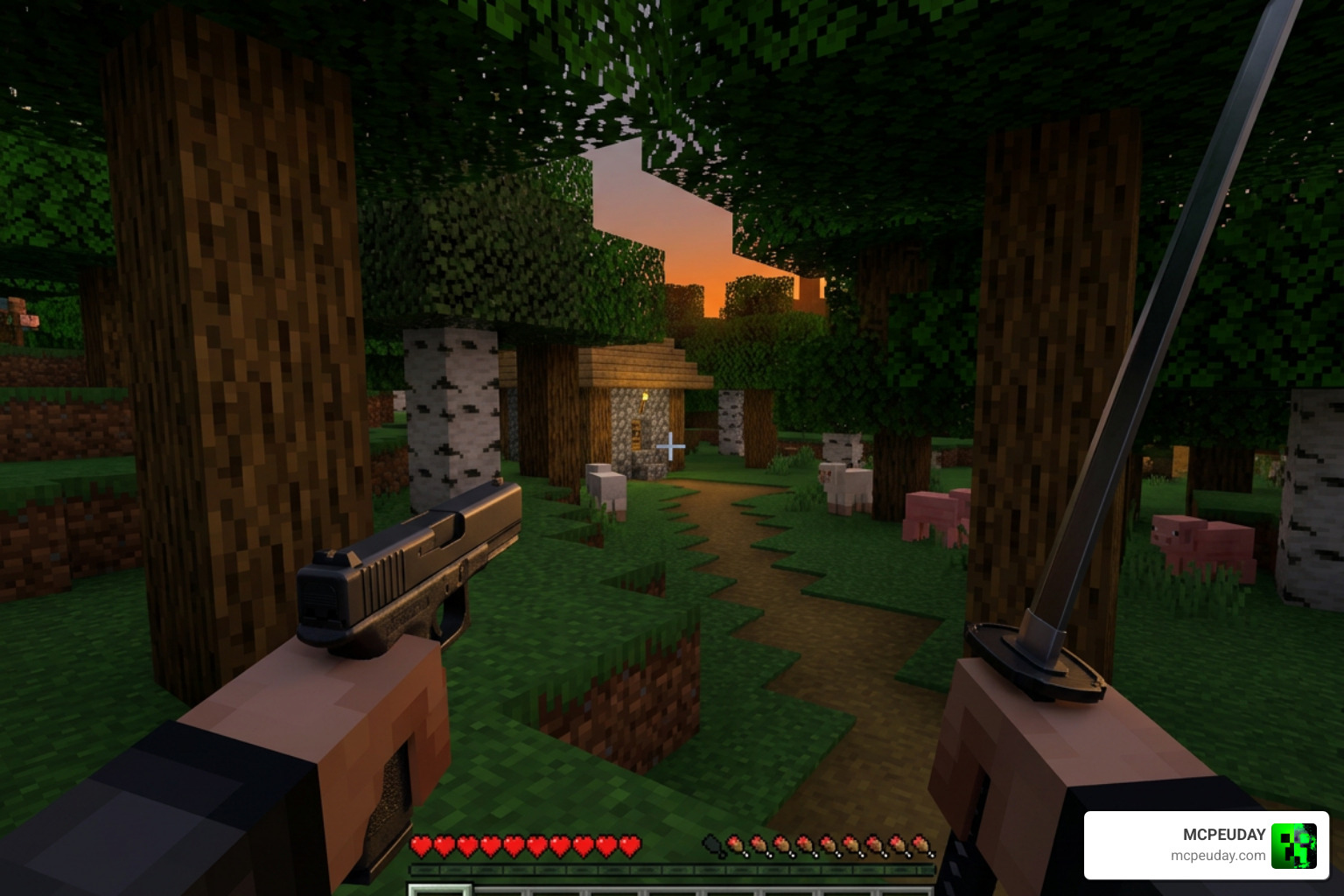 Custom 3D models of the gun and katana weapons in Minecraft PE