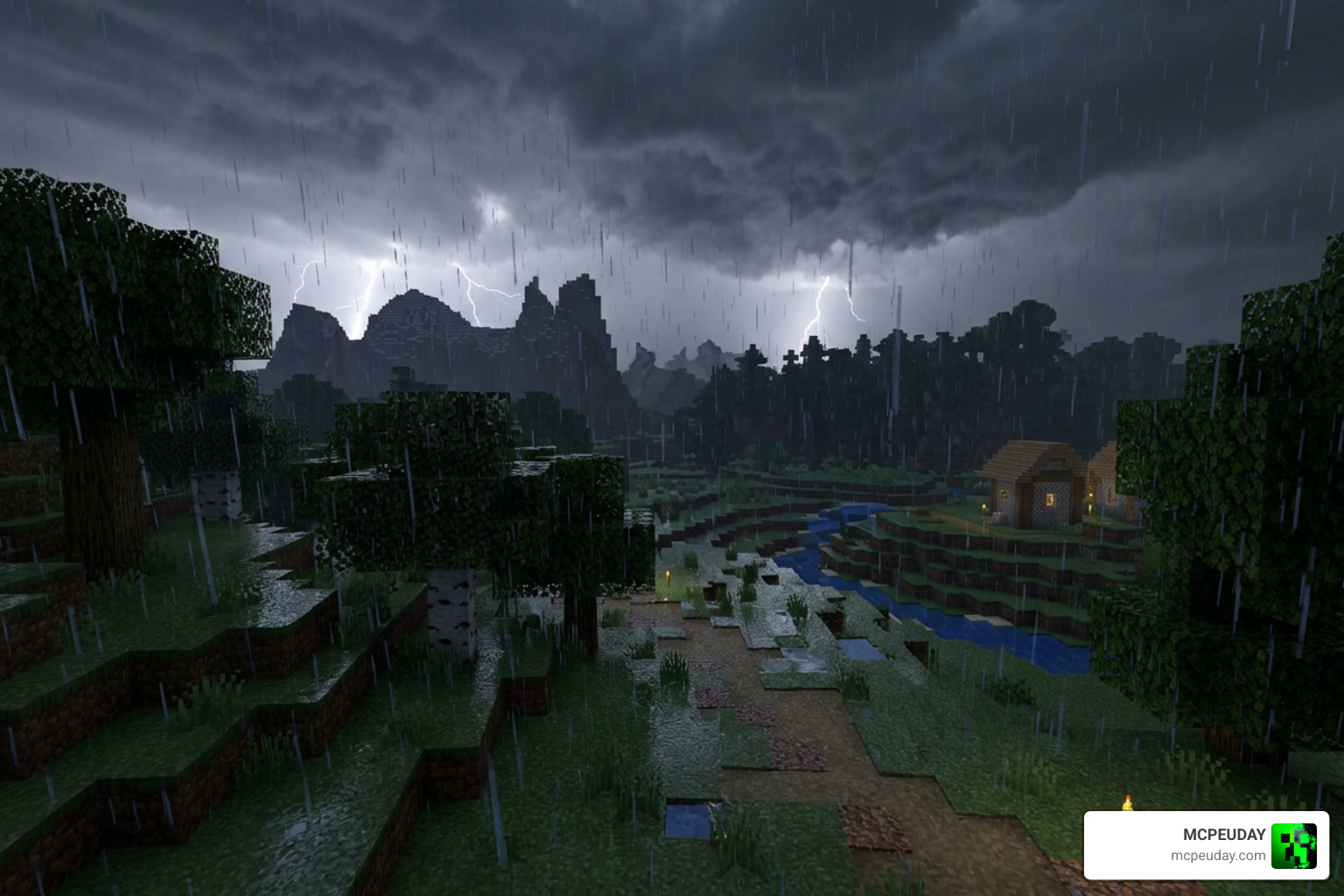 Minecraft weather mod showing realistic rain and storm effects