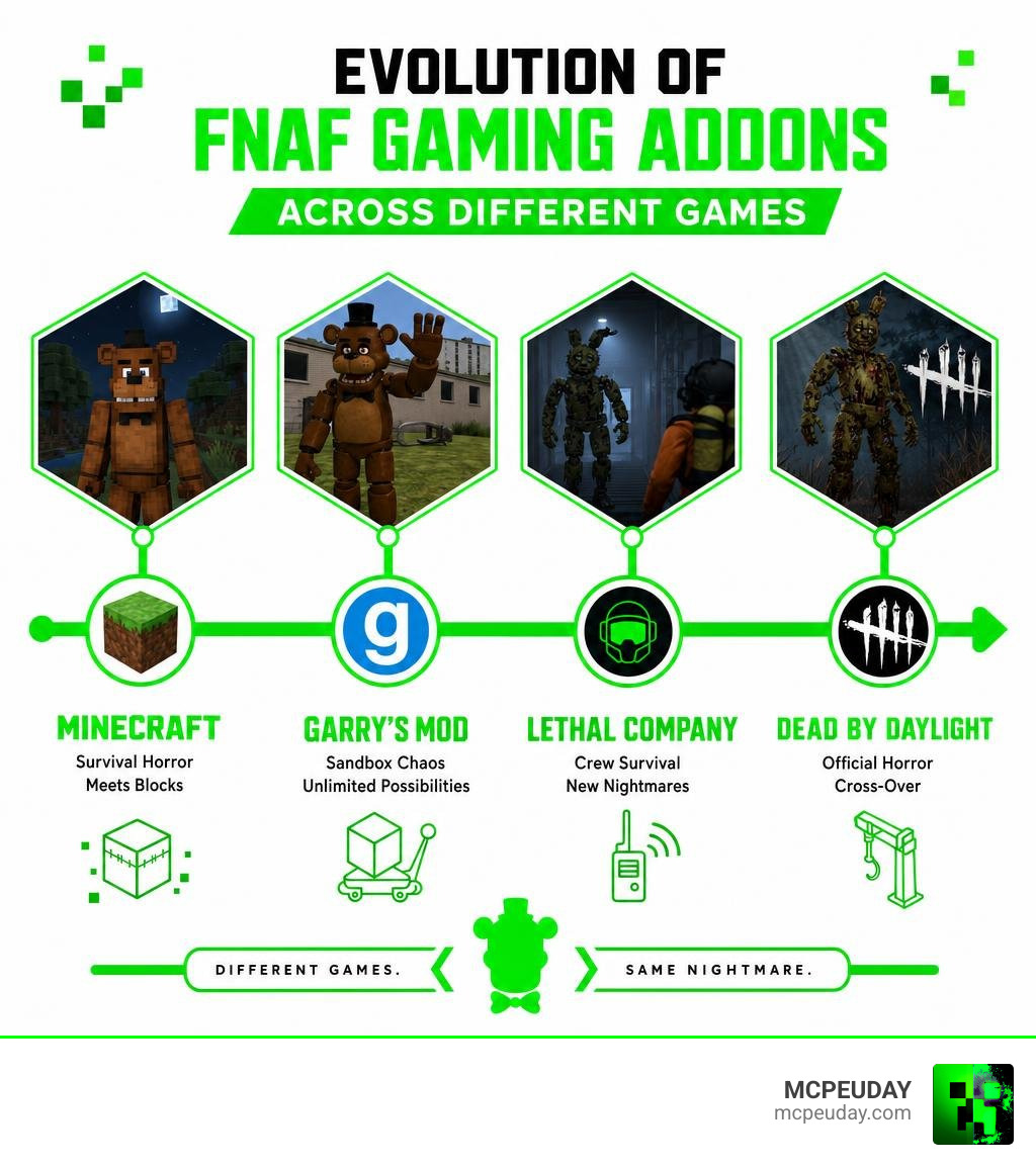Evolution of FNAF gaming addons across Minecraft, Garry's Mod, Lethal Company, and Dead by Daylight infographic Evolution of FNAF gaming addons across Minecraft, Garry's Mod, Lethal Company, and Dead by Daylight infographic