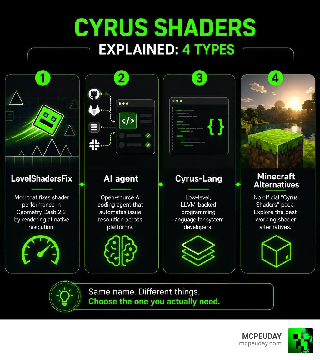 Cyrus Shaders explained: 4 types — LevelShadersFix, AI agent, Cyrus-Lang, Minecraft alternatives infographic Cyrus Shaders explained: 4 types — LevelShadersFix, AI agent, Cyrus-Lang, Minecraft alternatives infographic