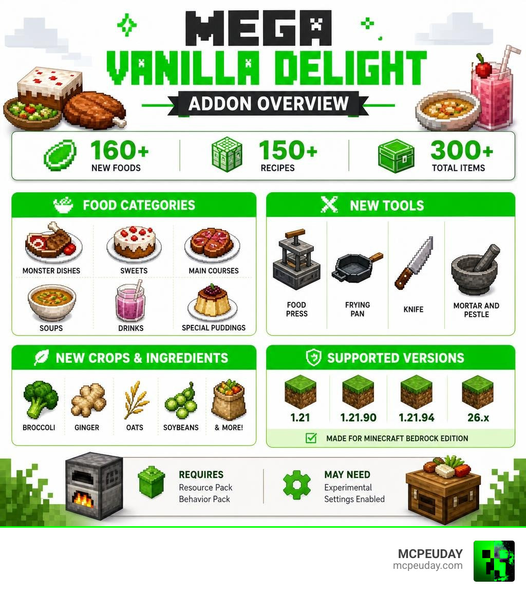 Mega Vanilla Delight Addon overview: foods, categories, tools, and supported versions infographic