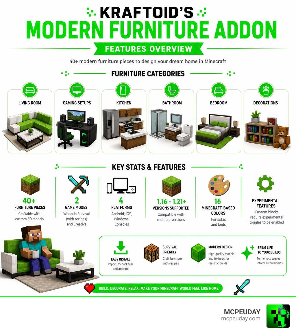 Kraftoid's Modern Furniture Addon features overview infographic with furniture categories and key stats infographic Kraftoid's Modern Furniture Addon features overview infographic with furniture categories and key stats infographic