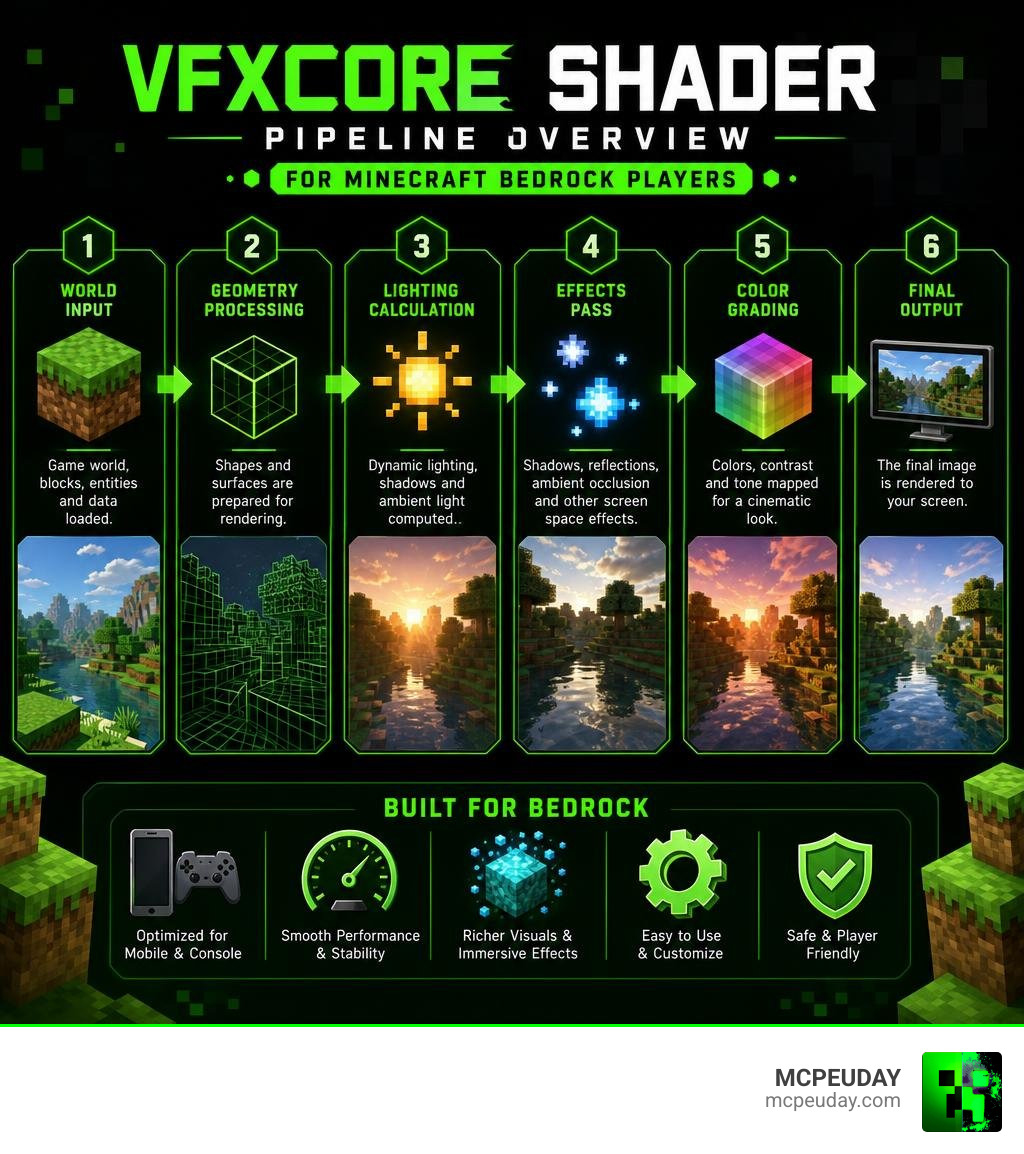 VFXCore Shader pipeline overview infographic for Minecraft Bedrock players infographic