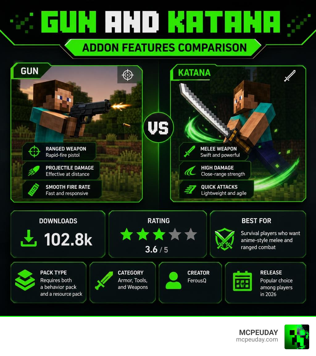 Gun and Katana Addon features comparison infographic with downloads rating and pack details infographic