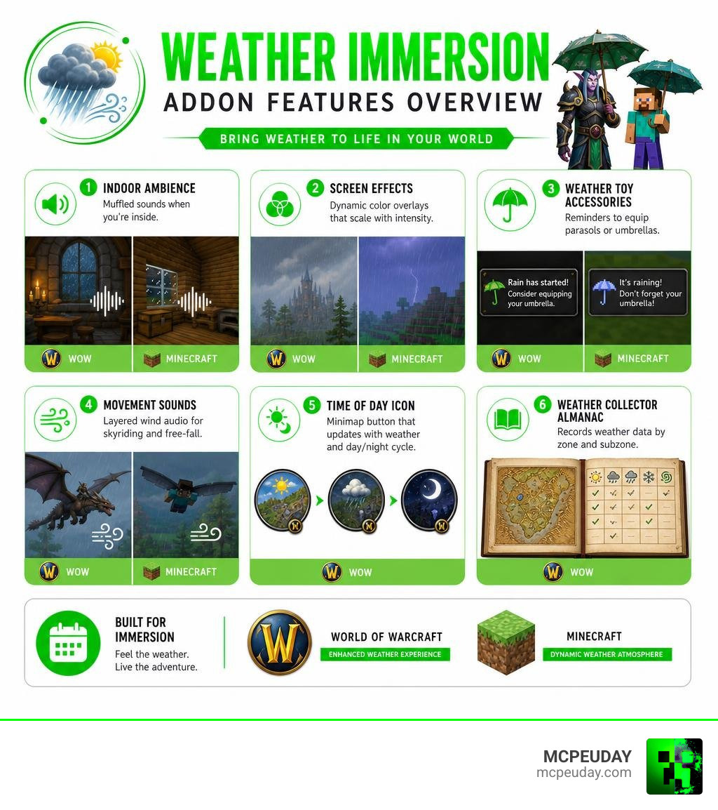 Weather Immersion Addon features overview infographic for WoW and Minecraft infographic