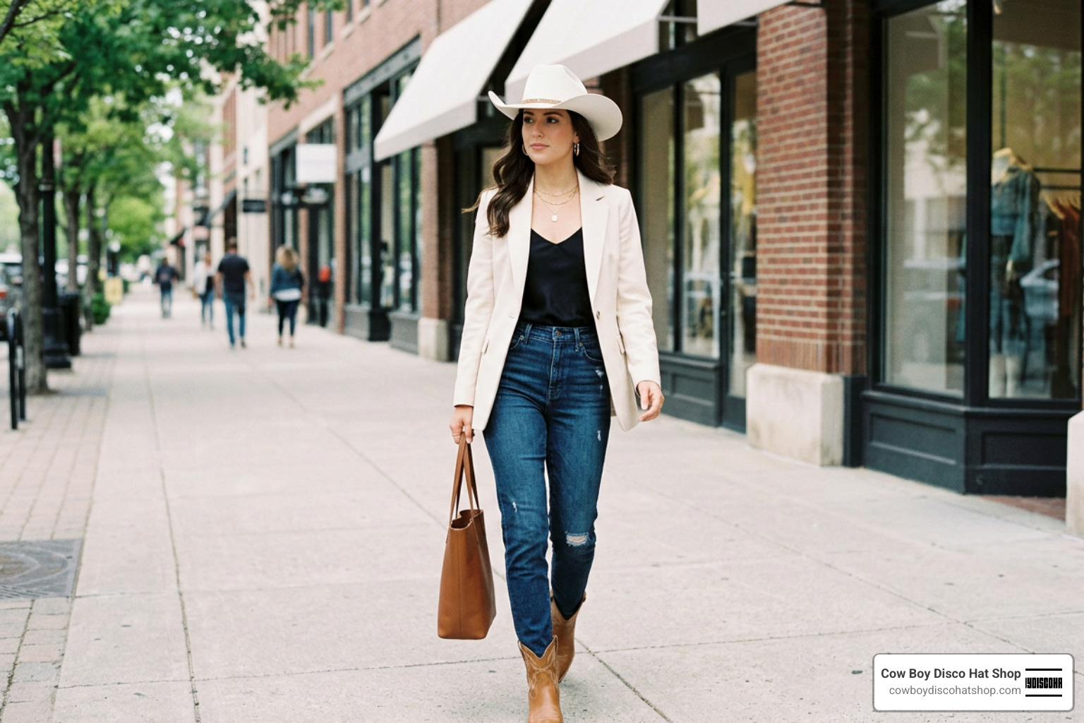 A modern country glam outfit featuring a sleek white cowboy hat and tailored blazer