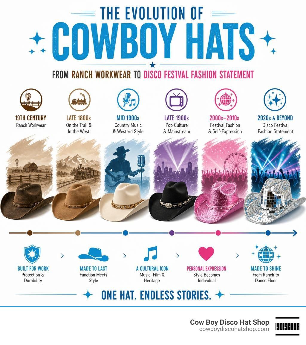 Evolution of cowboy hats from ranch workwear to disco festival fashion statement infographic