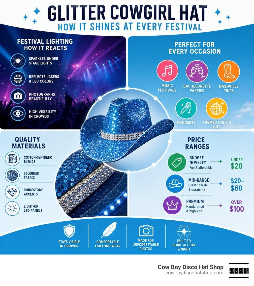 Infographic showing how glitter cowgirl hats react to festival lighting, occasions, materials, and price ranges infographic