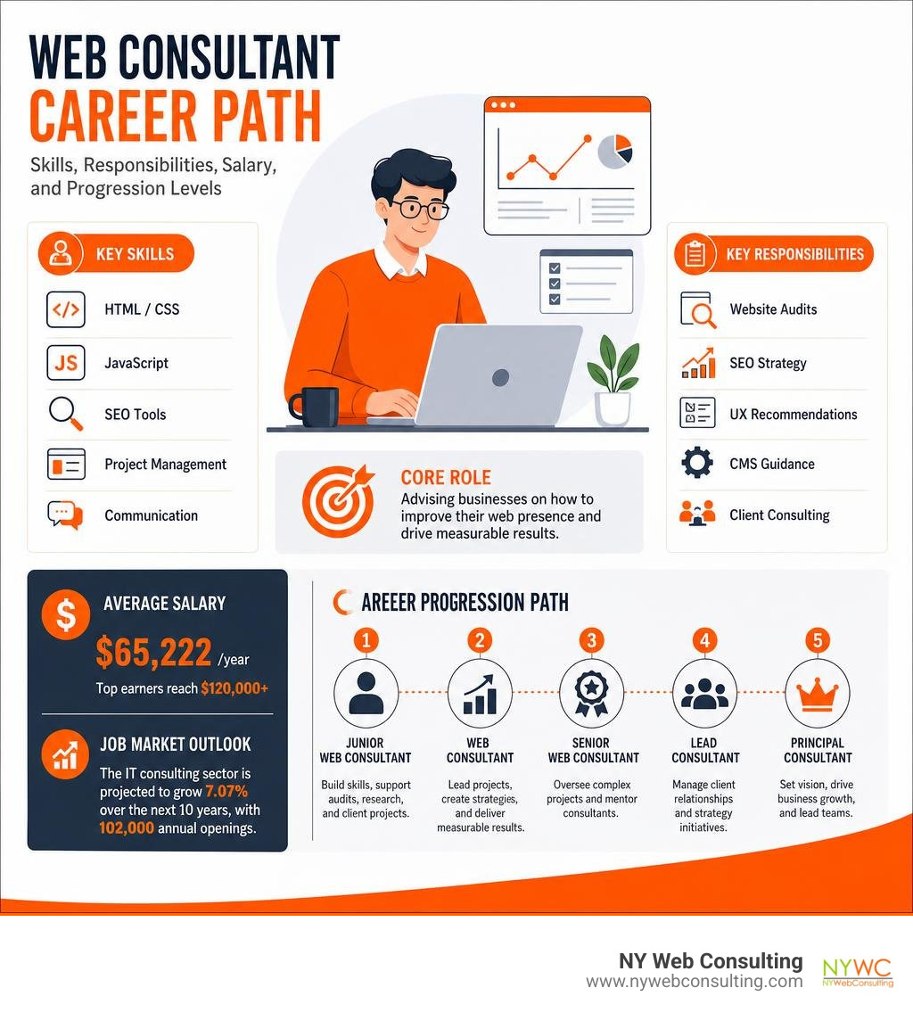 Web consultant career path infographic: skills, responsibilities, salary, and progression levels infographic