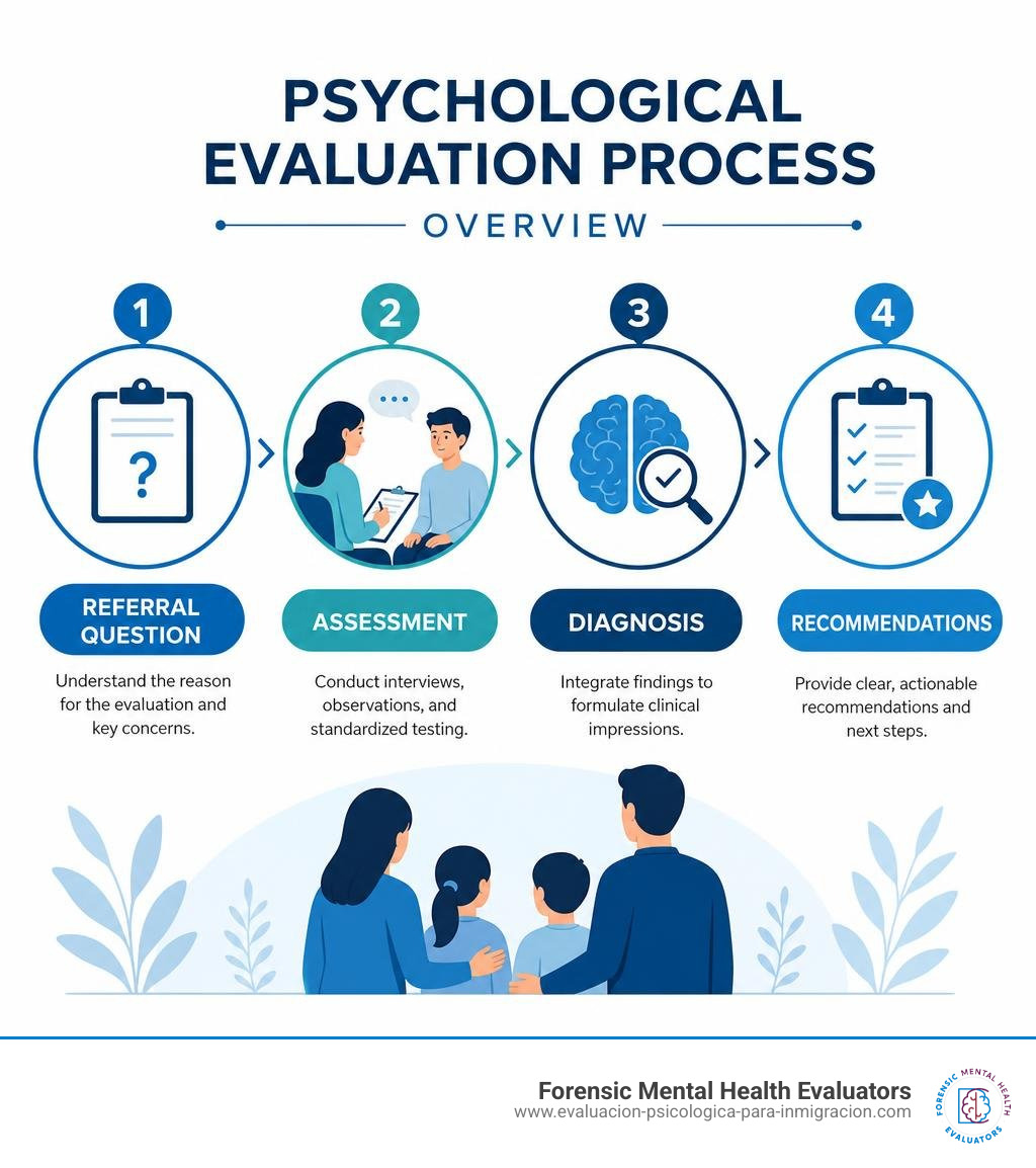 Psychological evaluation process overview infographic showing referral question, assessment, diagnosis, recommendations Psychological evaluation process overview infographic showing referral question, assessment, diagnosis, recommendations