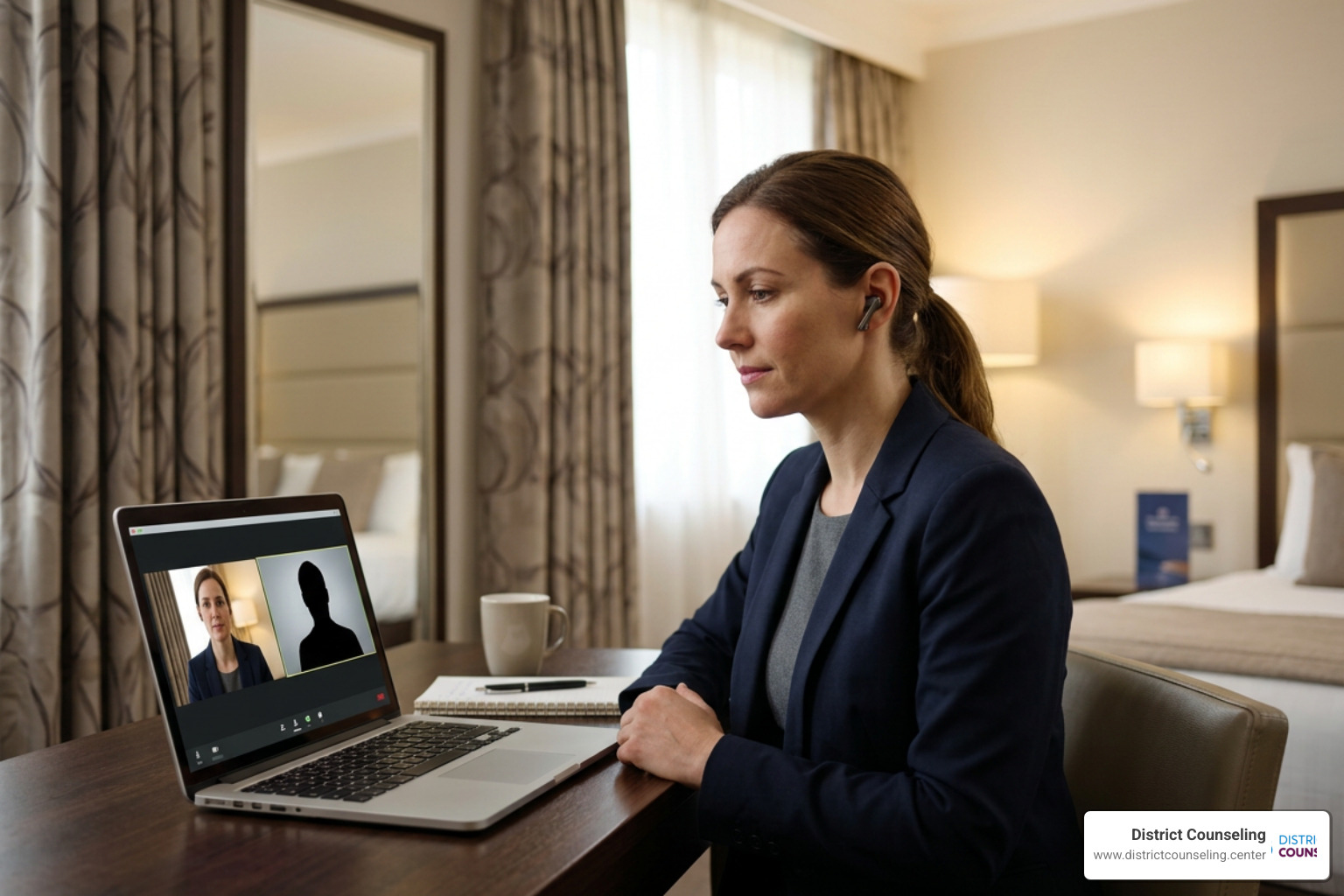 professional joining a therapy session from a hotel room