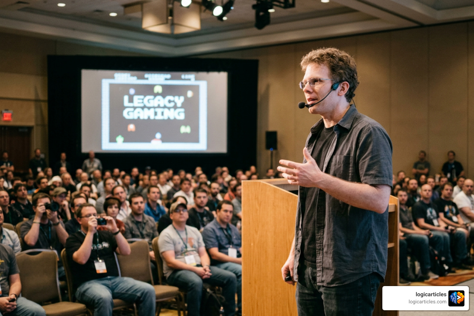 John Carmack speaking at a legacy gaming event John Carmack speaking at a legacy gaming event