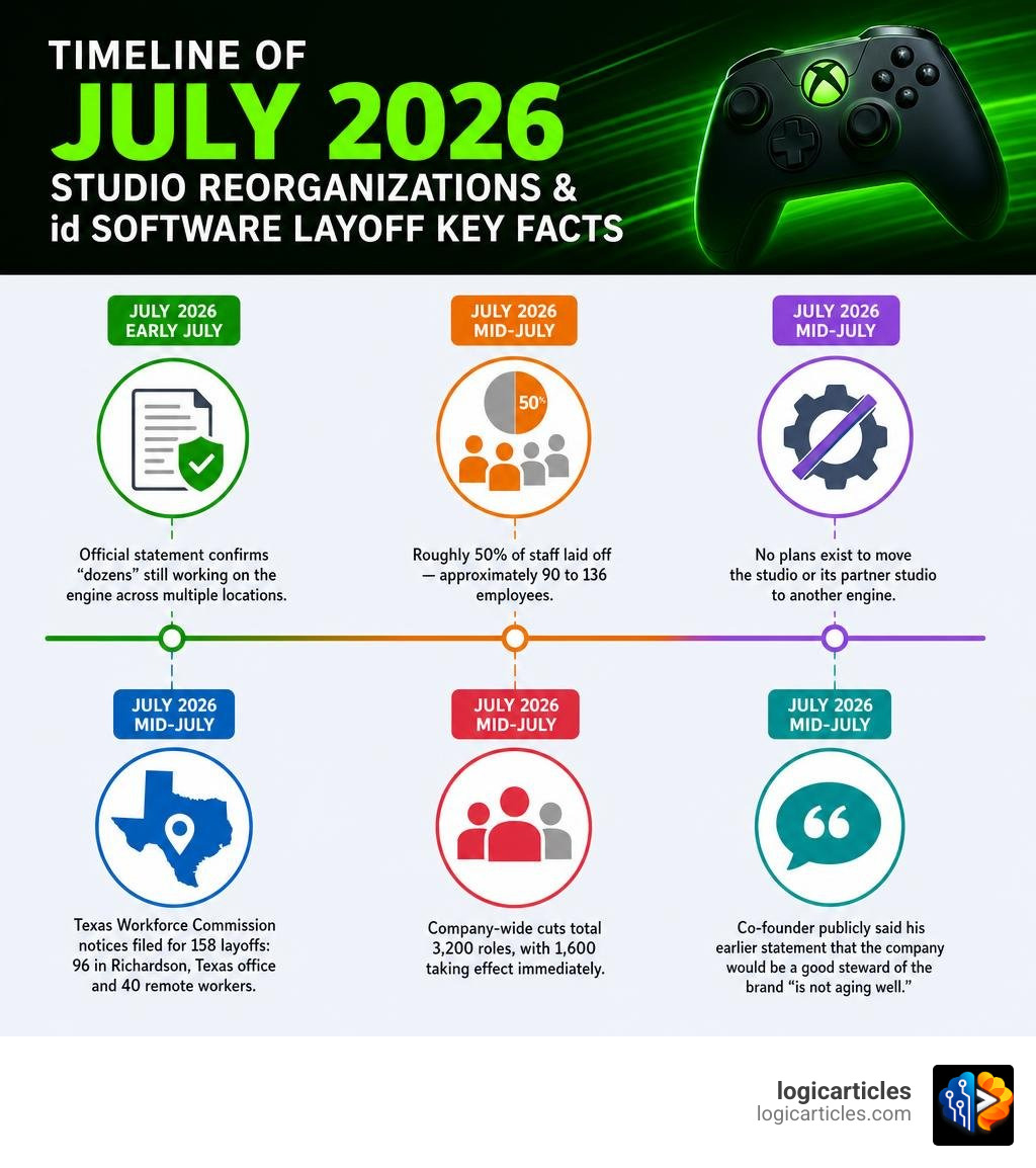 Timeline of Xbox July 2026 studio reorganizations and id Software layoff key facts infographic Timeline of Xbox July 2026 studio reorganizations and id Software layoff key facts infographic