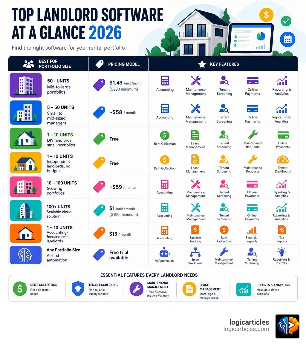 Infographic showing top landlord software options by portfolio size, pricing model, and key features in 2026 infographic Infographic showing top landlord software options by portfolio size, pricing model, and key features in 2026 infographic